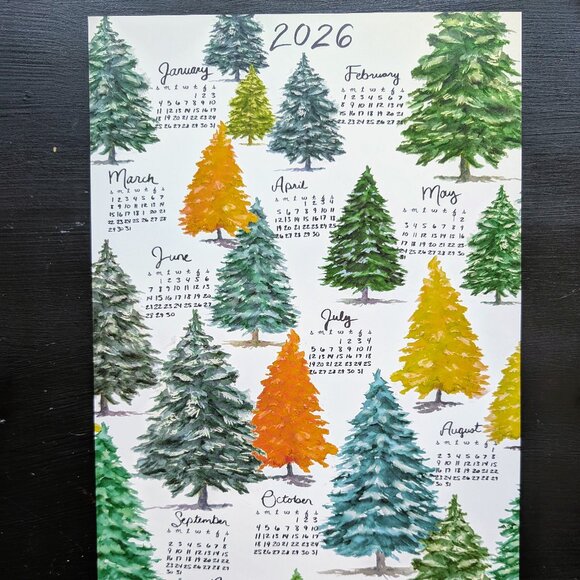 Forest Watercolor Calendar 2026: Retro Pine Tree Art Print 17.5x10.5 - Picture 2 of 6